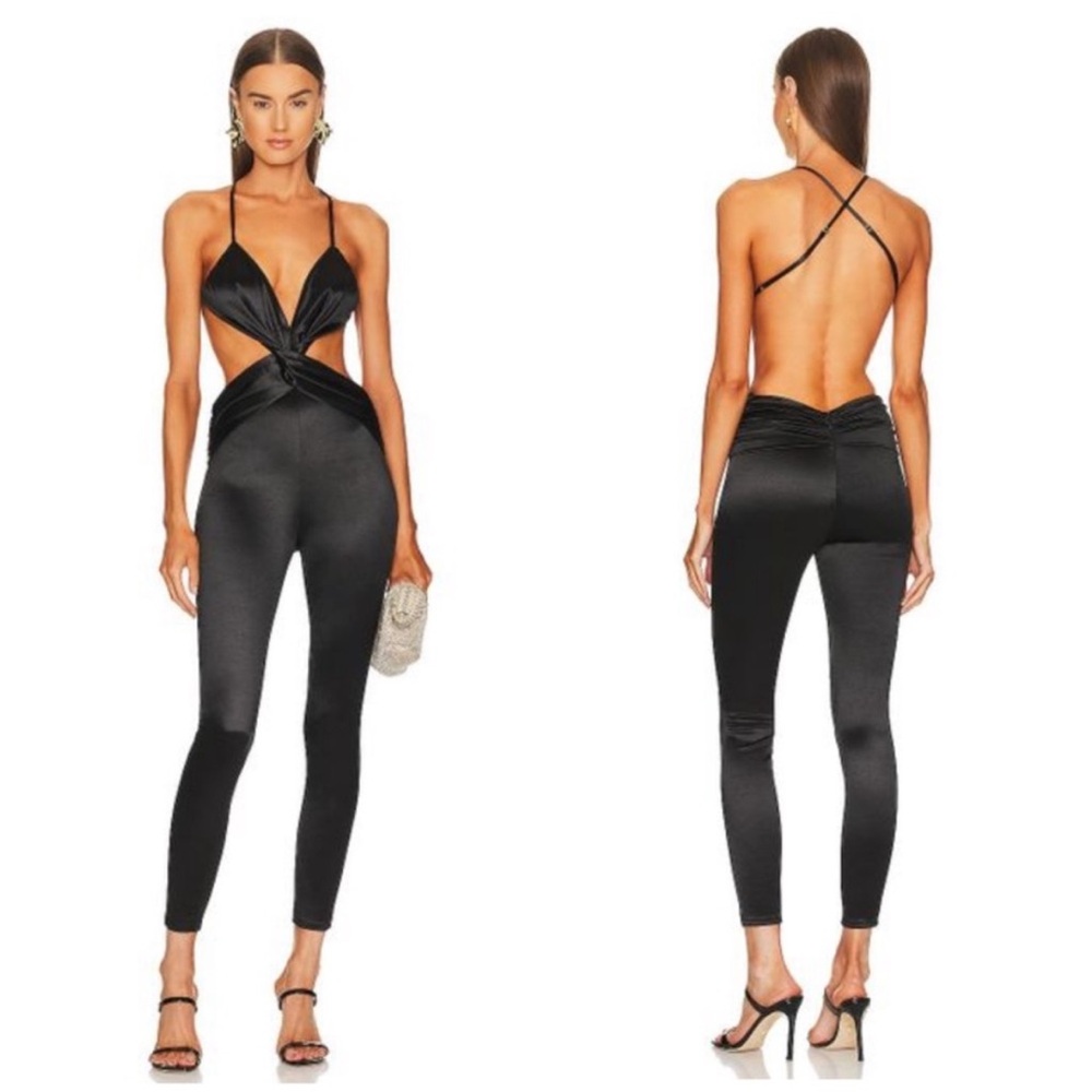 NEW Michael Costello x Revolve Zlata Jumpsuit in Satin Black